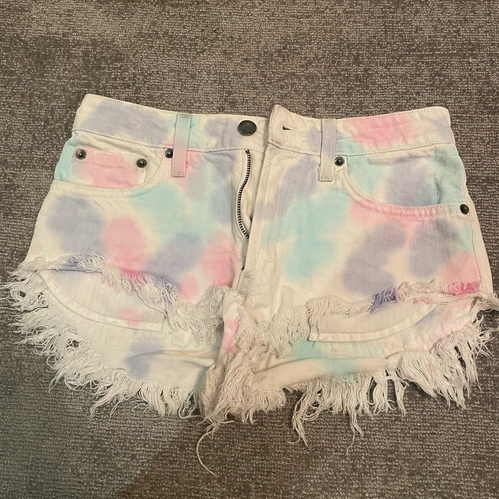 CARMAR low waisted colorful jean shorts size 23, purple, pink, blue and white